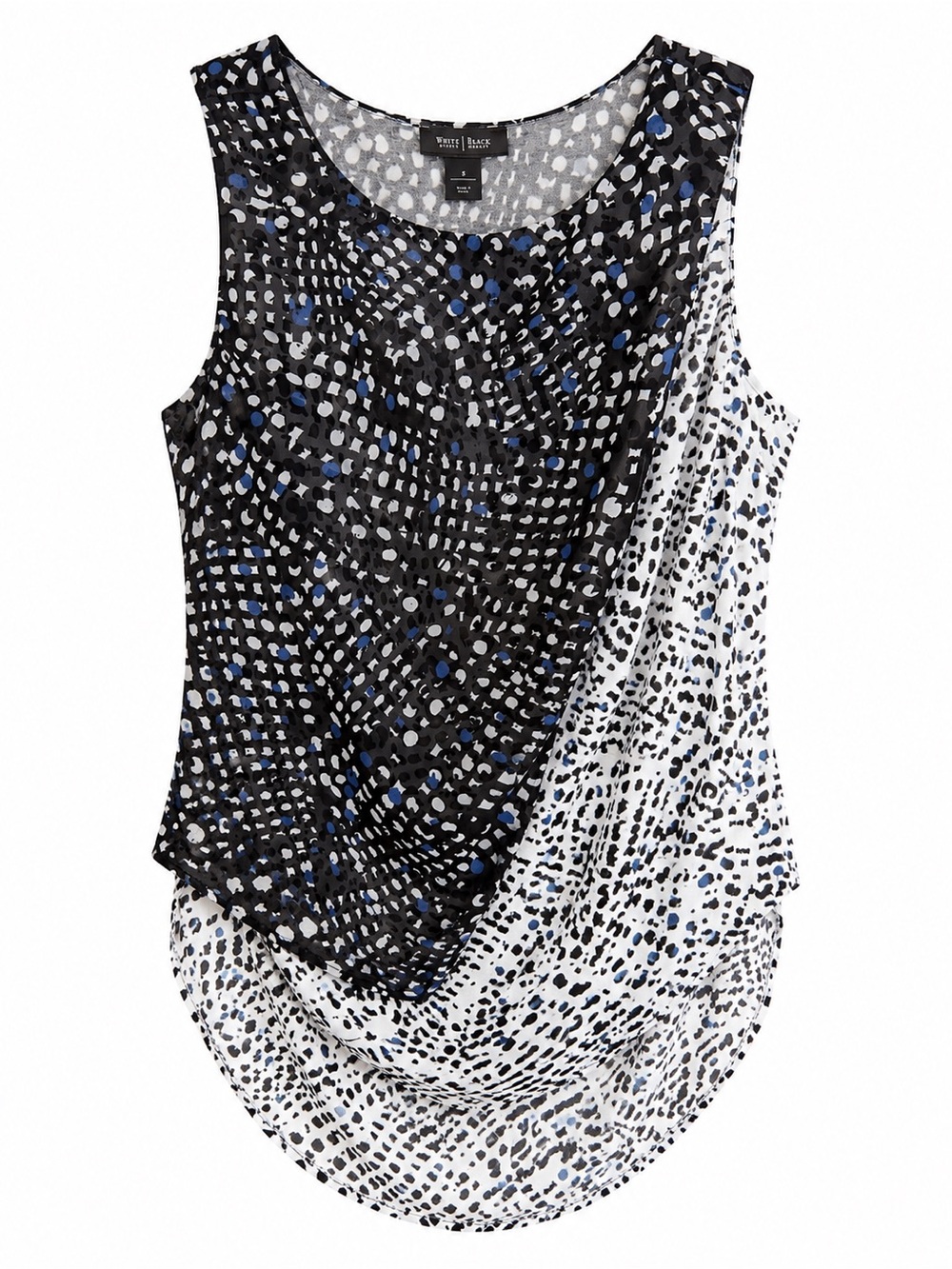 335. White House Black Market Black, White & Blue Printed Draped Tank